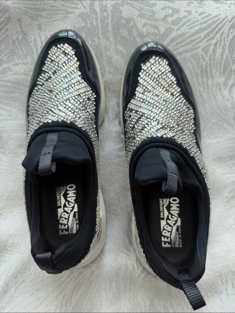 Salvatore Ferragamo navy blue Slip-On Sneakers with Silver Crystal Accents